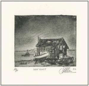 Nor' Easter NORTHERN OCEAN STORM FISHING SHACK & BOAT.  Original ETCHING Signed - Picture 1 of 1