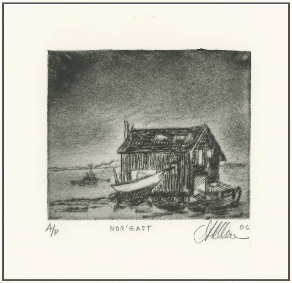 CABAÑA Y BARCOS DE PESCA NOR'EASTER NORTHERN OCEAN STORM; GRABADO original firmado Foto 1 de 1