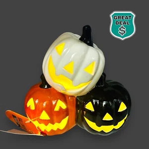 Happy Halloween Trio gestapelte Keramik Kürbisse LEUCHTET Herbstdeko! NEU! - Bild 1 von 9