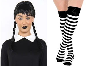 BLACK & WHITE STRIPE STOCKINGS PLAIT WIG ADDAMS FAMILY WEDNESDAY HALLOWEEN DRESS - Picture 1 of 2