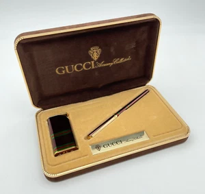 [Excellent]GUCCI Sherry Line Brown metal Twisted Ballpoint Pen&Lighter set w/Box - Picture 1 of 7