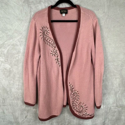 Bob Mackie Wearable Art Sweater Womens Large Pink Embroidered Cardigan Artsy - Image 1 of 4
