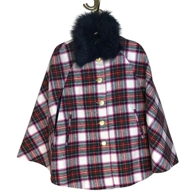Crown & Ivy Plaid Cape Coat Faux Fur Collar PS - Image 1 of 4