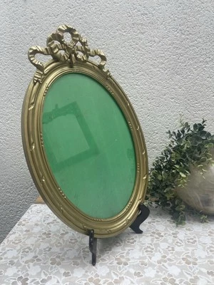 Ancien Cadre Ovale en Bois Doré – Style Louis XVI – Décor Nœud Enrubanné XIX ème - Photo 1/4