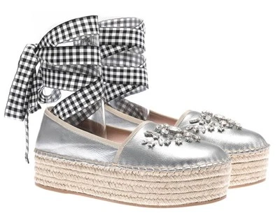 NEW MIU MIU PRADA SILVER LEATHER CRYSTALS ESPADRILLES LACE PLATFORM SHOES 40.5 - Image 1 of 4