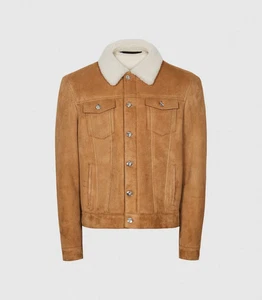 Reiss Men's Suede Leather Shearling Sheepskin Full Zip Bomber Jacket S NWT Flaw - Picture 1 of 24