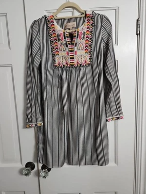 Philosophy Revolve Embroidered Striped Tunic Dress Boho Tassels Sz Medium  - Image 1 of 4