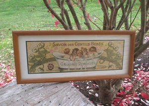 Vintage Savon Des Gentils Bebes gerahmter Druck Seifenwerbung für gute Babys 9" x 21" - Bild 1 von 15