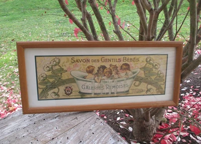 Anuncio de jabón estampado enmarcado vintage Savon Des Gentils Bebes para buenos bebés 9" x 21" Foto 1 de 4