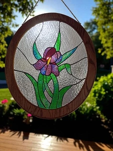 Large Iris Stained Glass Sun Catcher In Oval Wood Frame 23in X 19in - Picture 1 of 7