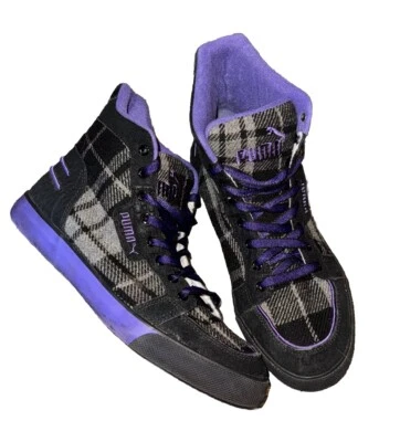Кроссовки Puma высокие топы клетчатые фланелевые фиолетовые женские 8,5 фигуристка гранж 90-е - Изображение 1 из 4