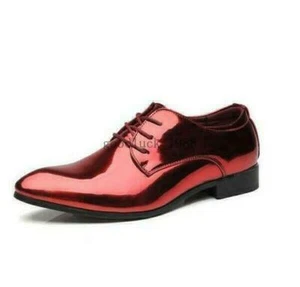 Men's Pointed Toe Lace Up Shiny Faux Leather Shoes Party Business Dress British - Picture 1 of 10