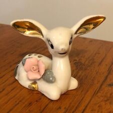 Vtg Porcelain Shabby Chic Christmas Big Ear White Laying Fawn Deer w/ Pink Rose