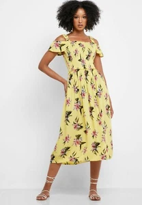 Dorothy Perkins TALL Yellow Floral Print Shirred Midi Dress Size 8 - Picture 1 of 4