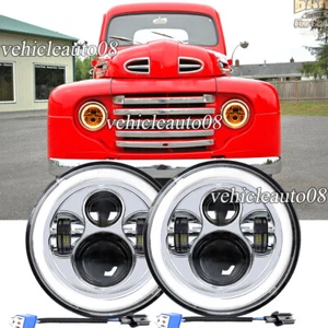 Fit Ford F1 1948 1949 1950 1951 1952 Pair 7" Inch Round LED Headlights Halo DRL - Picture 1 of 12