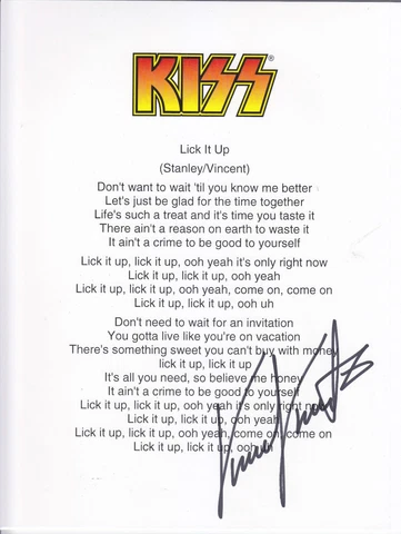 Vinnie Vincent signed Lick It Up Lyrics proof Kiss Paul Stanley Gene Simmons Rel Cover