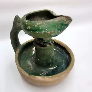 Lámpara de aceite islámica de cerámica acristalada verde encontrada en Israel con mango - Imagen 1 de 9