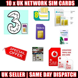 10 x UK Network PAYG SIM O2 EE Vodafone Three Lyca Lebara Giffgaff Vectone LOT