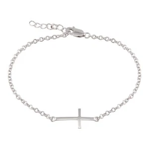 NWT 925 Sterling Silver Rhodium Plated Sideways Cross Bracelet 7"-9" adjustable - Picture 1 of 1