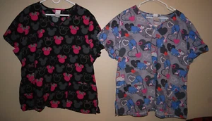 Lot 2 Disney Mickey Minnie Pooh Eeyore Piglet 2XL XXL Scrub Top Pockets (ToteA) - Picture 1 of 9