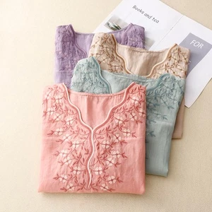 Camicia donna ricamo collo 3/4 manica corta cotone lino blusa top sottile - Foto 1 di 16