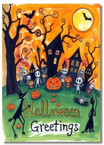HALLOWEEN NAIVE FOLK ART PRINT 5X7 FUN WHIMSICAL BIZZARE & AT TIMES A BIT CREEPY - Picture 1 of 1