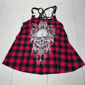 Rose Gal Red Black Plaid Skull Graphic Swim Tankini Top Women's Plus Size 3X NEW - Picture 1 of 6