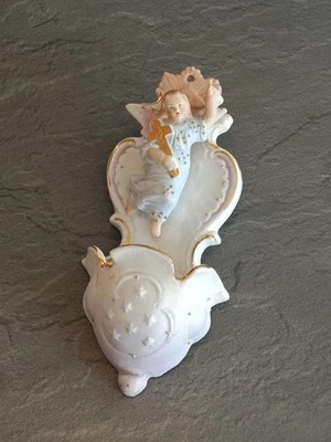 Ancien Superbe Bénitier Statue en Biscuit Ange Gardien, Angelot, Chérubin - Photo 1/4