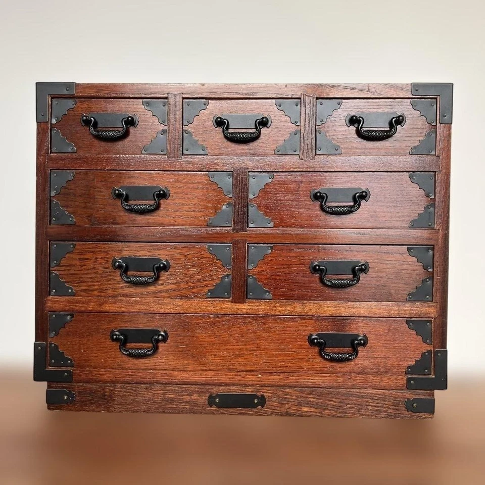 Cofre de armazenamento japonês antigo Tansu Dansu madeira feito à mão - Imagem 1 de 4