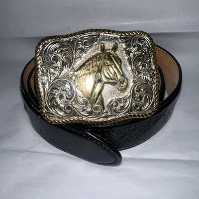 Hebilla y cinturón occidental cabeza de caballo bronce joyero crumrine vintage 40" Foto 1 de 4