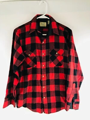 Sears Shirt Men's Size 14-14.5 Red Black Plaid Button Up Flannel Long Sleeve VTG - Image 1 of 4