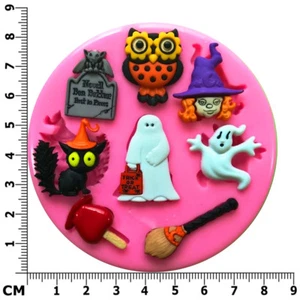 Truco o trato Búho Gato Bruja Fantasma Halloween Molde de Silicona por Fairie Blessings - Imagen 1 de 6