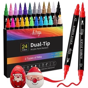 24 Colors Acrylic Paint Pens, Dual Tip Pens with Medium Tip and Brush Tip for... - Picture 1 of 8