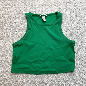 H&M Cropped Tank Top Womens Large Green Solid Stretch Cotton Ribbed Shirt Solid - Picture 1 of 7
