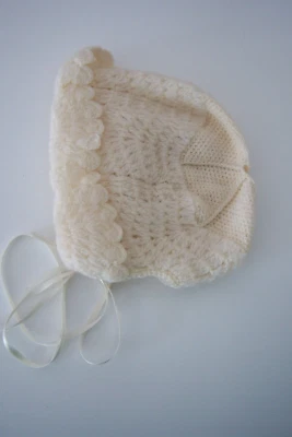 Gorro de bebé bautizo marfil tejido ganchillo a mano vintage Foto 1 de 2