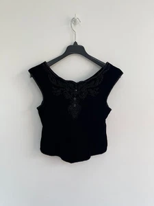 Velvet Camisole Top Black Tank Embellished Crop Vest UK 10 - Picture 1 of 9