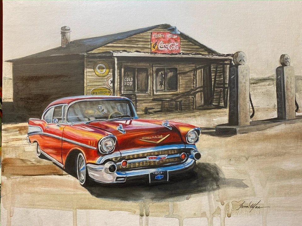 1957 Chevy, Vintage Gas Station Along Route 66 HD Metal Sign for Man Cave 9"x12" - Image 1 of 3