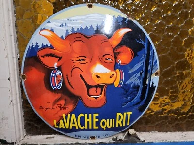 VINTAGE LAUGHING COW PORCELAIN SIGN LA VACHE QUI RIT BENJAMIN RABIER FARM CHEESE - Image 1 of 4