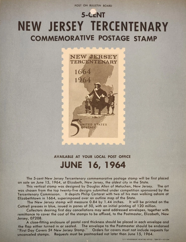 5-cent 1964 New Jersey Tercentenary Commemorative Postage Stamp Poster - Image 1 of 1