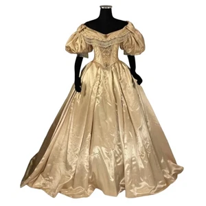 Vintage Victorian Gold Wedding Dress With Puff Sleeves Satin Bridal Ball Gown - Picture 1 of 6