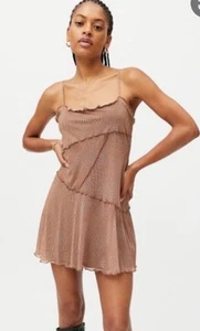 URBAN OUTFITTERS Moxie Mesh Brown Ruffle Asymmetrical Lined Dress - Size Medium - Picture 1 of 11