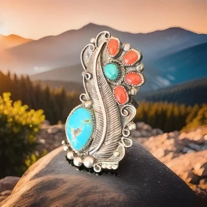 Vintage Koralle & Türkis großer Sterling Silber Blume Ring Indianer 15 g - Bild 1 von 16