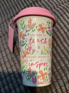 BNWT New Teacher Pink Floral Ceramic Travel Mug - Young Minds to Inspire - Picture 1 of 5