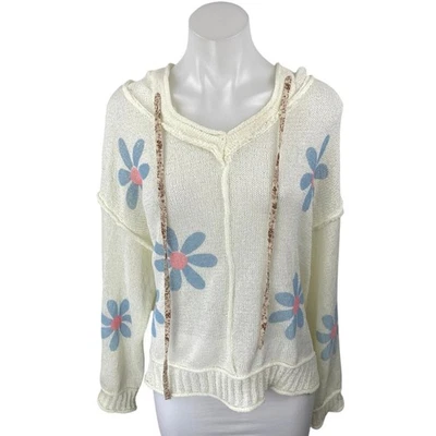 POL Mujer Blanco Azul Floral Tejido Sudadera con Capucha Pullover Suéter Top Talla L Foto 1 de 4