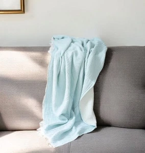 47" X 60" Aqua Cotton Woven Turkish Towel Throw Blanket with Fringe - Picture 1 of 10