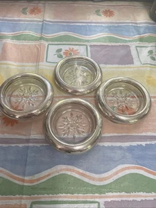 Vintage MCM Glas Floral oder Schneeflocke Sterlingsilber Rand Untersetzer 4er Set - Bild 1 von 9