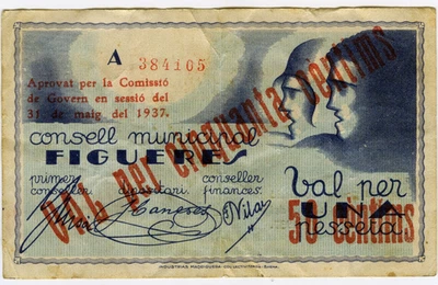 # SPAIN CIVIL WAR 1937 • FIGUERES 50 CTS MUNICIPAL ☆ GUERRA CIVIL ESPAÑOLA☆D1518 - Image 1 of 2
