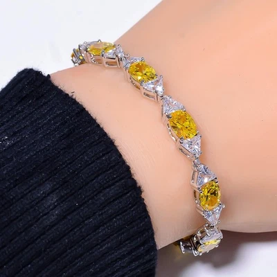 Yellow Sapphire & CZ Simulated 925 Sterling Silver Tennis Bracelet 7.99" B67 - Image 1 of 4