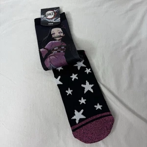 Nezuko Kamado Demon Slayer Crew Socks NEW W Tags Black And Pink With Stars 10-13 - Picture 1 of 6
