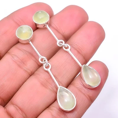 Серьги ручной работы из стерлингового серебра 925 пробы с драгоценными камнями пренитом 1,95 дюйма E_9209_184_35 - Изображение 1 из 4